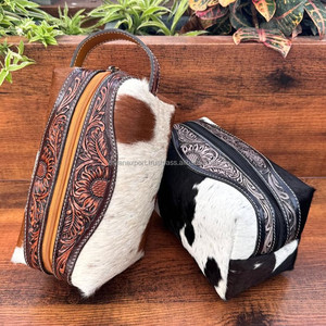 New High Quality Cowhide Leather Toiletry Organizer Shaving Kit Men Women Hand Tooled Leather <b>Travel</b> Cosmetic Bag Dopp <b>Wash</b> Kit - Product Image 5