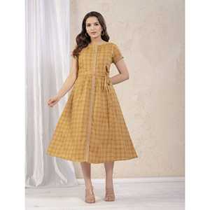 Vestido Amarillo de Algodón Estampado hasta la Rodilla para Mujer, Estilo Casual Elegante, Cintura Natural, Transpirable, para Oficina, Talla XS - Product Image 5