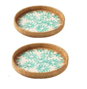 Plateau décoratif en os incrusté pour la maison, l'hôtel, le restaurant, plateau de service pour la nourriture, la salade et les fruits, vaisselle en rotin, plateau de service arrondi - Product Image 6