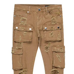 Pantalones vaqueros ajustados de diseño personalizado de última moda para hombre, Vaqueros ajustados de material de alta calidad con 8 bolsillos, pantalones vaqueros desgastados - Product Image 6