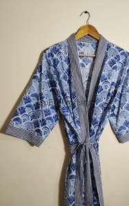 Kimono de algodón azul con estampado Floral para mujer, hermosa bata de verano, bata de Casa suave para damas de honor de otoño y primavera - Product Image 5