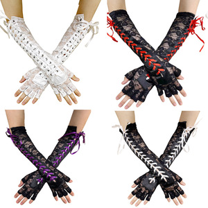 Gants sexy en dentelle mi-doigts pour femmes HZS-25055, longs jusqu'au coude, pour soirée, costume sexy, club, mitaines à ruban - Product Image 2