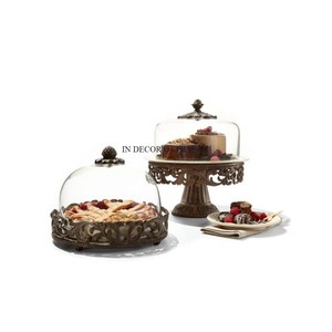 Vintage Rustic Art Designer Black Color Powder Coated Heavy Duty Metal Base <b>Cake</b> <b>Stand</b> With Clear Glass Top <b>Cover</b> From India - Product Image 2