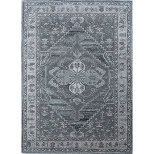 พรมไหมพรมถักมือ Mythos สีเทาและดำ ลายเหรียญตรา ทอแบบเรียบและสไตล์คิลิม สำหรับบ้านหรือทางเดิน-Tra-13528 - Product Image 1