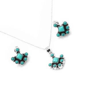 Juego de Joyería Fina Clásica de Plata de Ley 925 con Piedra Preciosa de Turquesa Natural, Pendientes y Colgante Floral con Cadena de Plata - Product Image 2