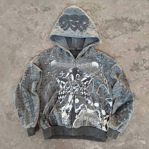 Kodo定制街装男士灰色水钻连帽衫毛坯华夫饼仿旧100棉连帽衫批量批发 - Product Image 1