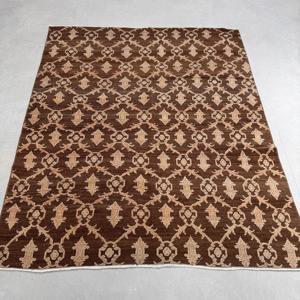 5.9x7 ft Vintage Turkish <b>Wool</b> Rug <b>Brown</b> Beige Patchwork Abstract Design with Latex Backing - Product Image 1