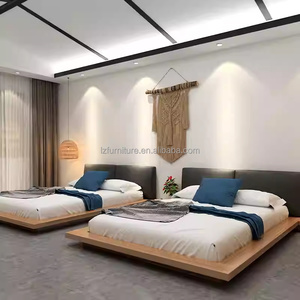 Custom Modern 3 Star Hotel Project Bedroom Furniture Twin Bed Set with Low-Profile Wood Frame Integrated Nightstands & TV <b>Unit</b> - Product Image 3