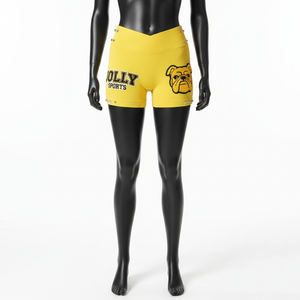 Shorts de sport pour femmes en poly-spandex GSM de haute qualité, jaune vif, avec panneaux latéraux à clous, patch brodé personnalisé. - Product Image 6