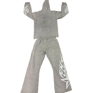 Streetwear d'hiver à capuche avec imprimé délavé au soleil Rhinestone ensemble de survêtement 2 pièces survêtement de haute qualité pour hommes et femmes - Product Image 2