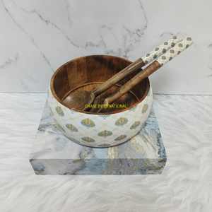 Bol à riz en bois fait à la main avec motif blanc et baguettes bol de service à salade de soupe décoratif pour la cuisine et la salle à manger - Product Image 3