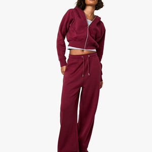 Ensemble deux pièces pour femmes, sweat à capuche court à cordon de serrage en coton 100% personnalisé, pantalon évasé, couleur unie, survêtement de printemps, vente chaude - Product Image 5
