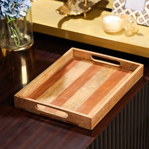 Plateau de service en bois de mangue et de sheesham artisanal en vrac avec des poignées robustes pour le thé, les collations, la cuisine, design personnalisable en gros - Product Image 2