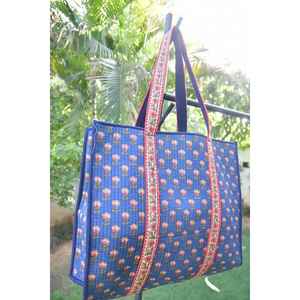 Bolso de mano de lona ecológica duradera con estampado floral azul premium Bohomin, asa superior y asa para el hombro, bolso de compras impreso a mano - Product Image 2
