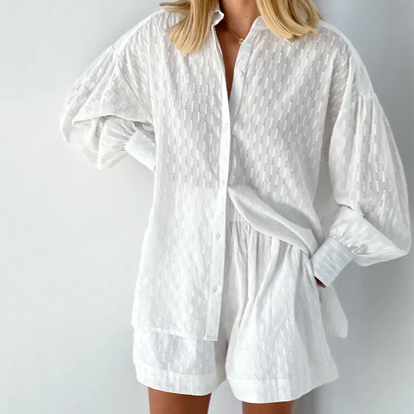 Femme été décontracté deux pièces chemise jacquard à manches bouffantes et ensemble court en coton vêtements pour femmes tissé lâche impression numérique