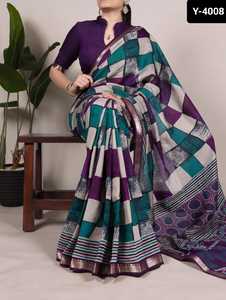 Saree de material Chanderi de viscosa de poliéster de estilo indio y pakistaní con estampado con borde de templo Saree y piezas de blusa - Product Image 5
