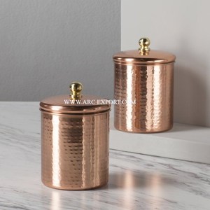 Kitchen Tea Canister Set Of 2 Superb Quality Round Shape Hammered Copper Polished Tea and Coffee Tin Pots With Gold Knob Supply - Product Image 1