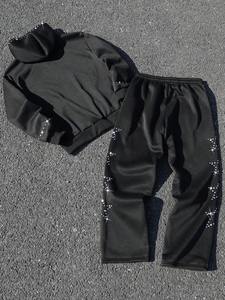Ensemble de survêtement décontracté Streetrush unisexe, sweat-shirt à capuche et pantalon de survêtement léger imprimé avec des strass, fermeture éclair sur le devant - Product Image 5
