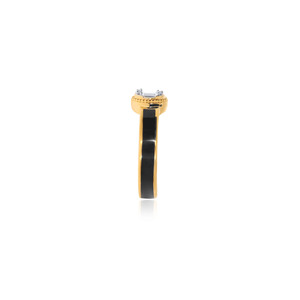 Anillo de Diamantes Halo de Lujo en Oro Amarillo de 18K con Banda de Esmalte Negro y Diamantes Redondos y Baguette para Mujer - Product Image 4
