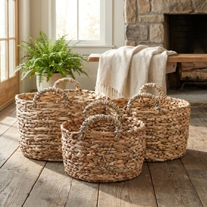 Juego de Cestas de Almacenamiento de Jacinto de Agua Tejidas a Mano Naturales con Asas, Macetas Redondas, Cestas de Lavandería, Decoración, Diseño de Arte Puro - Product Image 6