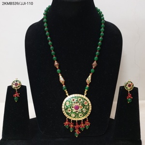 Traditional Round Pendant Kundan Necklace <b>Set</b> with Green Beads and Matching Earrings for <b>Bridal</b> and Ethnic Wear Women <b>Jewelry</b> - Product Image 2