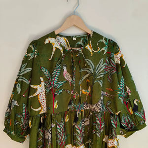 Green Jungle Safari Animal Print Cotton V-neck Long <b>Sleeve</b> Floor-Length <b>Maxi</b> <b>Dress</b> <b>Summer</b> Women's Vacation Wear Handcrafted - Product Image 1