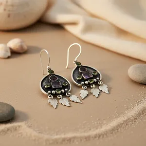 Pendientes Colgantes Geométricos Tibetanos Vintage de Plata 925 con Amatista y Piedras Verdes, Diseño de Hoja, Religiosos, para Mujer, Joyería de Fiesta - Product Image 2