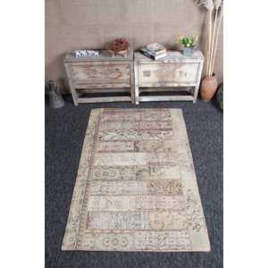 Tapis turc vintage en patchwork 3,8x5,8 pieds, petit tapis en laine beige en patchwork - Product Image 1
