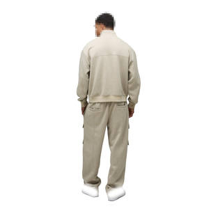 Ensemble de survêtement cargo en molleton lourd 440GSM pour hommes, pull à demi-zip avec pantalon de jogging multi-poches, vêtements de rue chauds pour l'hiver, sweats à capuche - Product Image 2