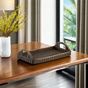 Tienphong 2025 Wholesale Rattan <b>Black</b> Wash Bathroom <b>Tray</b> with Handles for Vanity Organizer, Spot Clean Only, Bathroom Accessory - Product Image 4