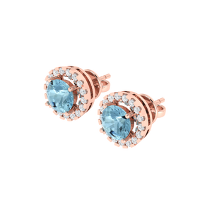 Boucles d'oreilles fines en argent sterling plaqué or avec 2 aquamarines rondes et 34 zircons cubiques, 2,5 g - Product Image 1