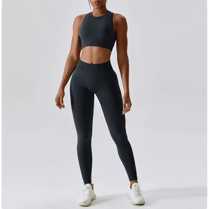 Pantalones de Yoga sólidos de talla grande para mujer, conjuntos de entrenamiento, mallas de Yoga de cintura media sin costuras de 2 piezas con Sujetador deportivo para gimnasio en casa - Product Image 5