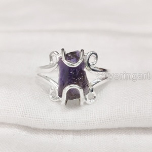 Bague pour femme en argent sterling 925 avec pierre brute naturelle Améthyste, pierre de naissance de février, style hippie, fil de fer, pour Noël - Product Image 1