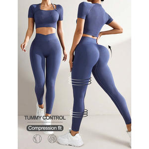 Conjunto de fitness Atlético personalizado para mujer, Camiseta de cuello cuadrado transpirable de alta elasticidad, mallas de encaje, botón de costilla sólido - Product Image 6