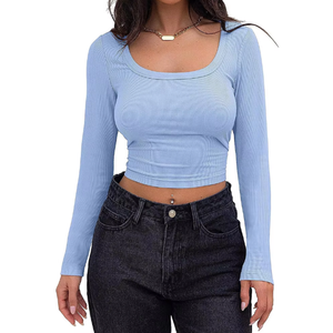 Femmes été Slim Fit haut à manches longues décontracté couleur unie côtes de BD Anti-rides tissu tricoté pour le printemps en gros - Product Image 1