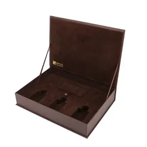 定制雕刻奢华黑色皮革香水礼品盒套装镂空工艺，带冲压和金箔印刷包装标志
