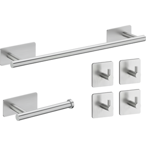 6-Piece Polished Brushed 304 Stainless Steel Adhesive <b>Bathroom</b> <b>Accessories</b> Set 40cm Towel Holder Toilet Paper Holder 4 Hooks - Product Image 2