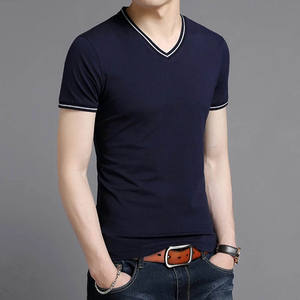 T-shirt à col en V bleu marine pour homme-T-shirts à manches courtes en jersey unisexe tri mélangé - Product Image 4