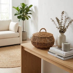 Panier rond en jonc de mer et jacinthe d'eau tressé à la main avec couvercle, organiseur de rangement, pot décoratif, décoration artistique pure pour la conception d'intérieur - Product Image 5