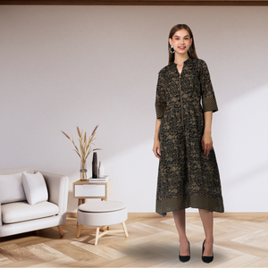 Vestido Midi con cremallera frontal con estampado Floral de diseñadores elegantes hechos a mano para mujer, mangas 3/4, negro, Beige, cómodo, transpirable, informal, para fiesta - Product Image 1