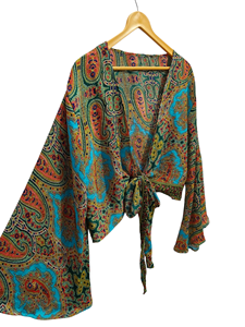 Top multicolore Taille libre Chemise courte en soie Robe portefeuille Vintage Sari Top portefeuille en tissu Imprimé floral Top Boho - Product Image 3