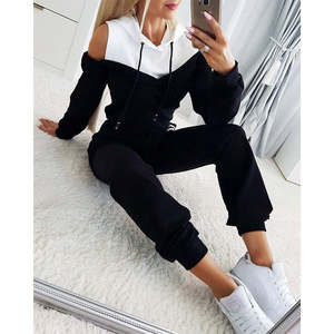 Women'<b>s</b> Long-Sleeved Off-Shoulder Hooded Drawstring Two-Tone Viscose Two-Thread <b>Blouse</b> <b>and</b> Pants Two-Piece Set, 32170 - Black - Product Image 3