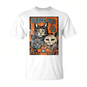Camiseta promocional vintage de los años 60-70 con diseño de gato hippie, flores psicodélicas y estilo groovy. - Product Image 2