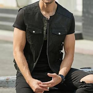Vintage moto mode Style vestes en cuir hommes PU gilet manteaux poches plaquées bouton fermeture col rond fermeture éclair hiver - Product Image 4