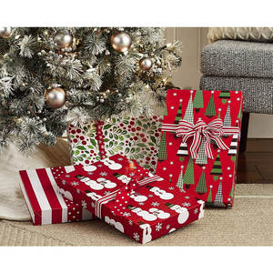 Coffrets cadeaux de Noël avec couvercles dans des motifs assortis Arbres, rayures, bonhommes de neige, houx rouge, vert et blanc Boîtes à chemises à motifs - Product Image 2