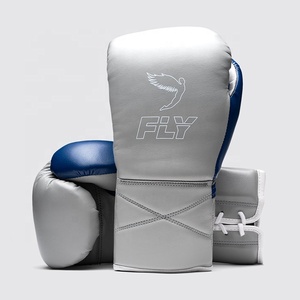 Dernier modèle Gants de kickboxing à lacets bleu gris de qualité supérieure Gants de compétition de Muay Thai avec logo personnalisé Gants en cuir véritable - Product Image 1