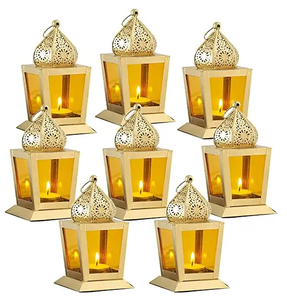 Dekorasi Emas Kecil dengan Kuning Tempat Lilin Api Lentera Festival Rumah Taman Balkon Dalam Ruangan Luar Dekorasi Pernikahan