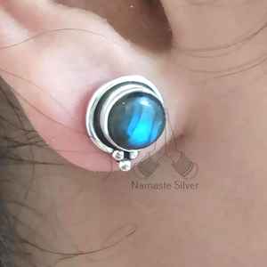 925 Sterling Silver Handmade Labradorite Stud Earrings Ball Shape Ear <b>Posts</b> with Natural Labradorite Gemstone Birthstone Jewelry - Product Image 1