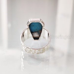 Bague Femme Cercueil Naturel Huître Cuivre Turquoise Gemme Décembre Pierre De Naissance Martelé Cercueil Bague Bague En Argent Sterling 925 - Product Image 5