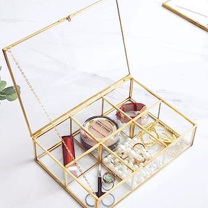 Golden Vintage Glass Box Clear Glass & Brass Metal Storage Jewelry and Cosmetic <b>Makeup</b> Lipstick <b>Holder</b> Organizer Beauty Display - Product Image 1